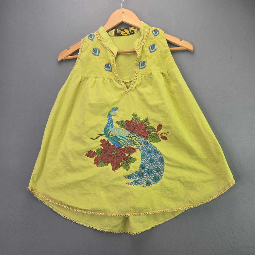 Adini Sleeveless Tunic Top L Lime Green Peacock Embroidered Boho Cotton High Low
